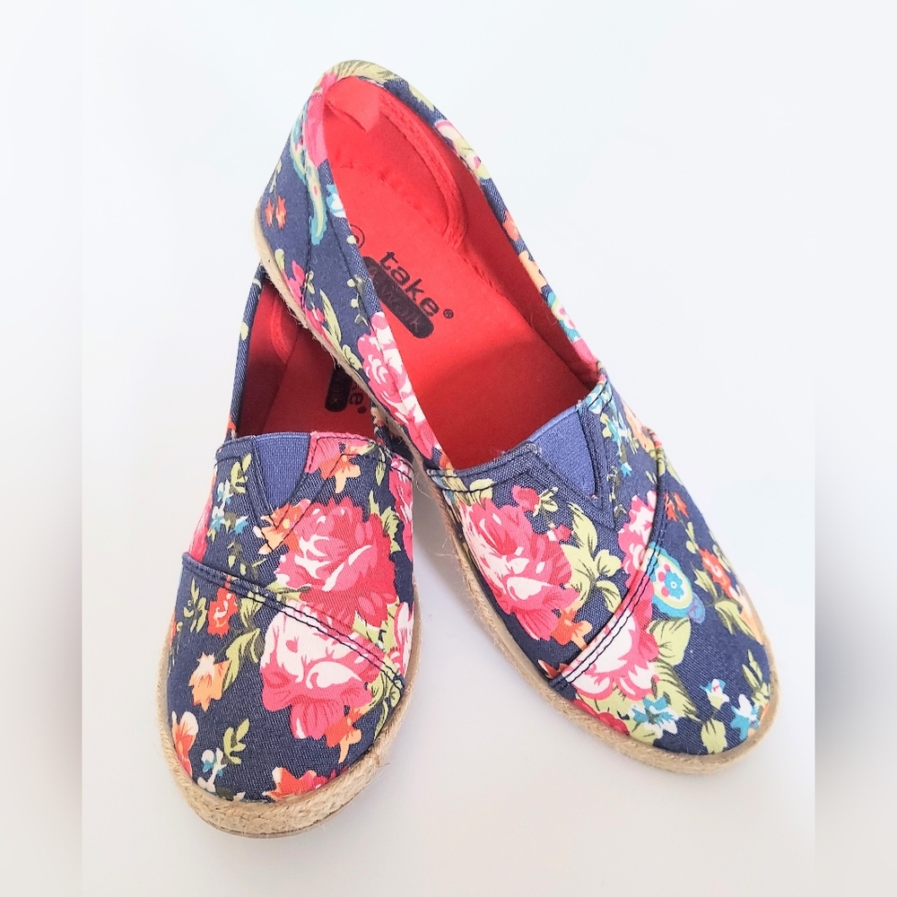 Take A Walk Floral Print Espadrile Flats Blue Pink Size 8